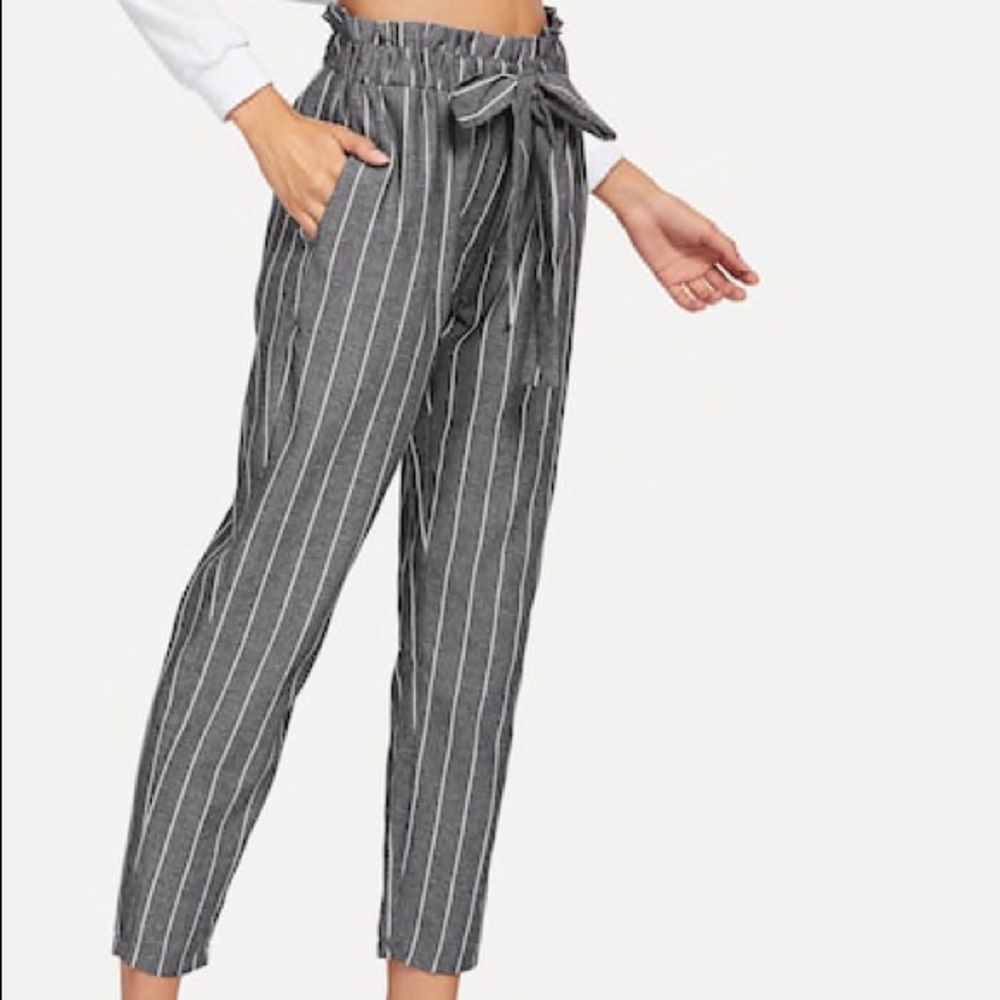 🌟Cute striped paper bag high waisted tie pants